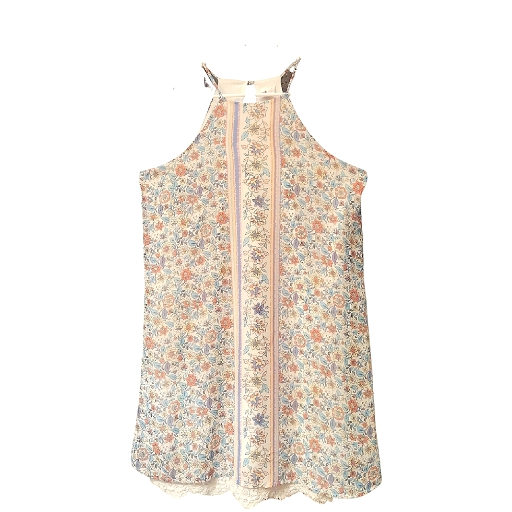 As U Wish, Floral A-Line Dress w/ Lace Trim Hem, Size S, White w/ multi color
